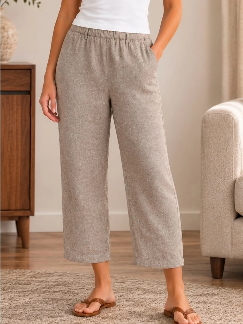 Quince Linen Taupe Cropped Wide-Leg Knit Pants XL